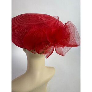 Red Wide Brim Woven Hat With Mesh Bow & Gold Accent Womens 100% Polypropylene Ma